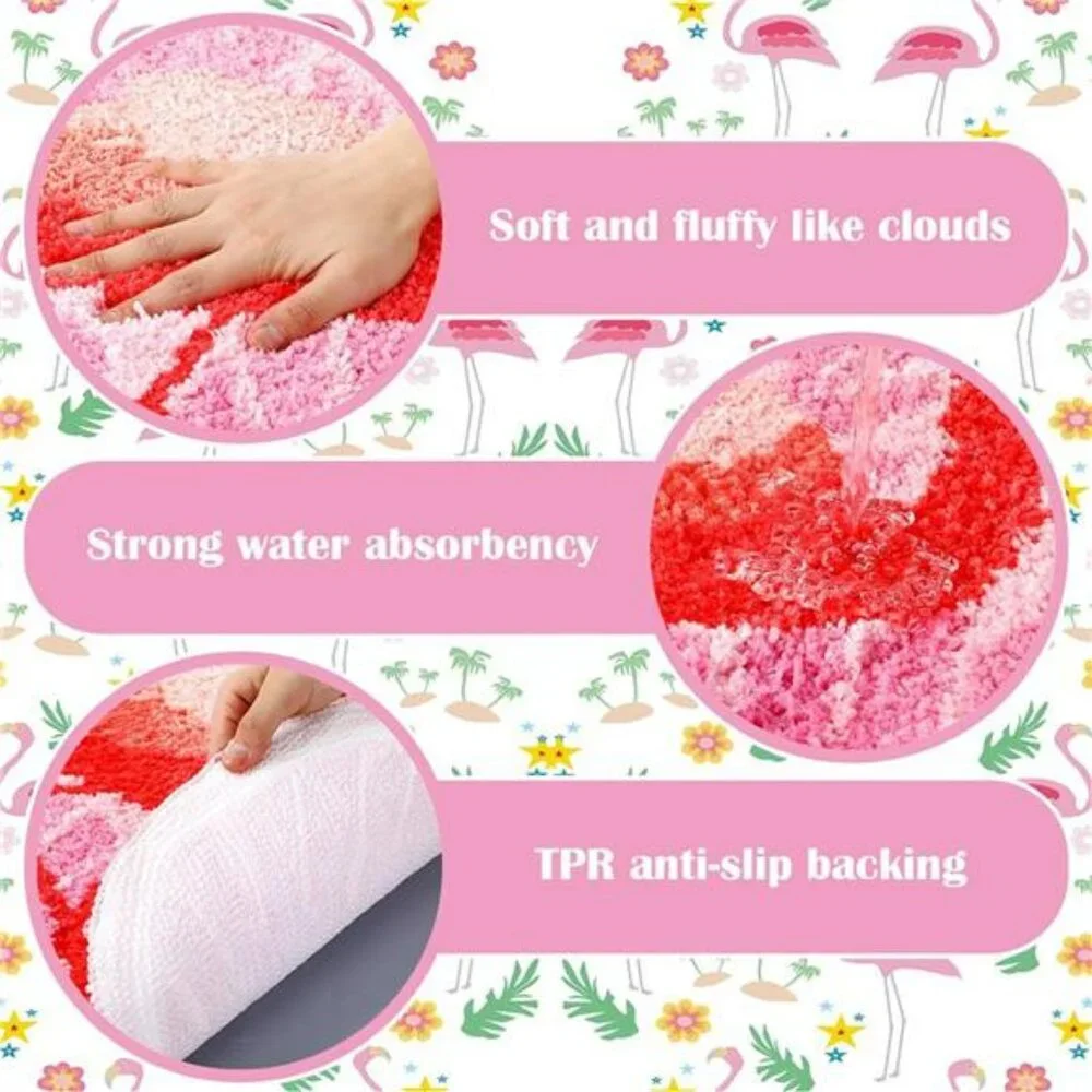Pink Flamingo Palm Bath Mat Tropical Tufted Non Slip Bathroom Rug Soft Floor Dec